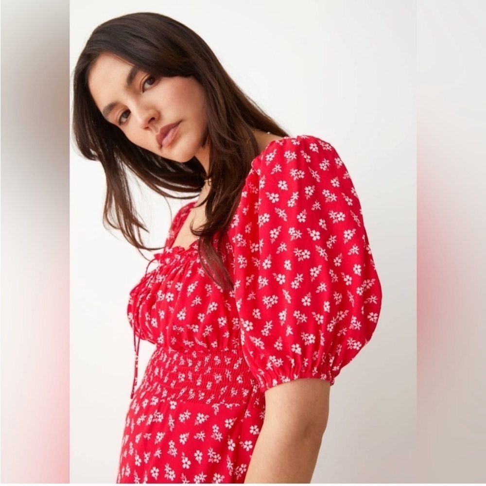 & Other Stories Red Floral Puff Sleeve Milkmaid Maxi Dress Cottagecore Coquette - Picture 13 of 15